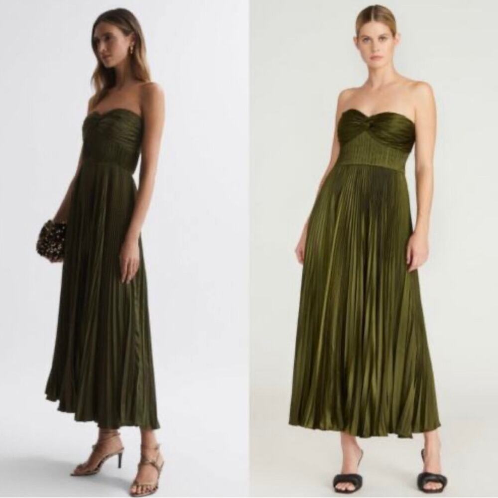 AMUR Pleated Strapless Belle Dress in Olive Green